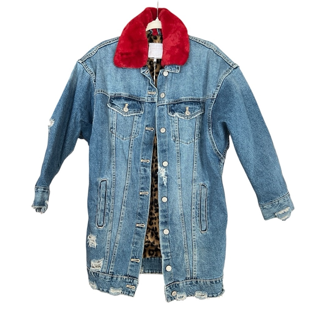 Zara Light Blue Denim Jacket with Red Faux Fur Collar